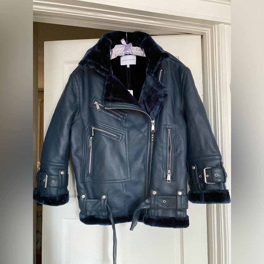 REBECCA MINKOFF Faux Leather & Faux Fur Oversized Moto NAVY BLUE NEW TAG